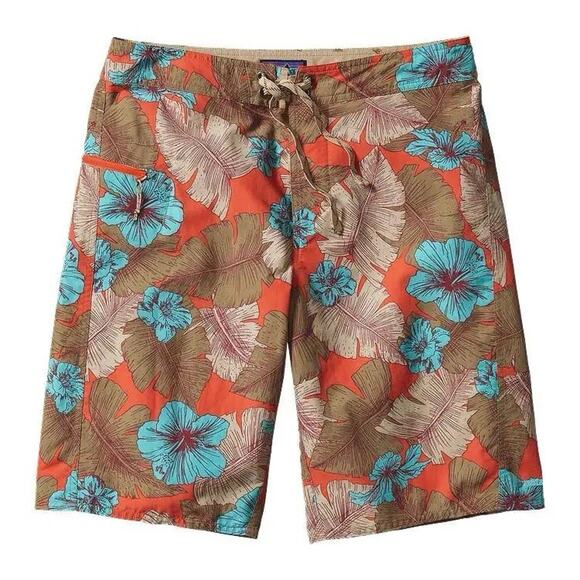 Patagonia Men’s Wavefarer Striped Board Shorts Size 35 Brown Orange Hawaiian - Picture 1 of 12